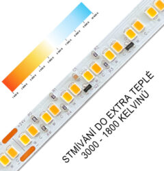LED pásek 2835 224 WIRELI 1130lm 10W 0,42A 24V (stmívání z teplé do extra teplé) - Nový speciálně vyvintý LED pásek s možností nastavení barevné teploty z teplé (3000 K) do extra teplé (1800 K).
Díky naprosté redukci modré složky světla má pásek během nočního svícení zcela minimální dopad na náš cirkadiánní systém. 
